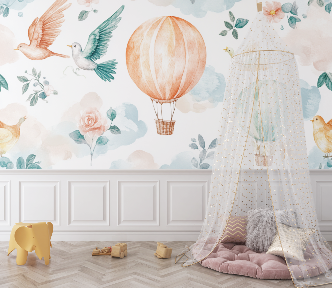 Papier peint montgolfiere et oiseaux exotiques bebe