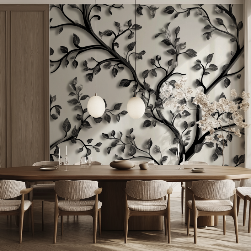 Papier peint arbre noir style baroque salle manger tendance