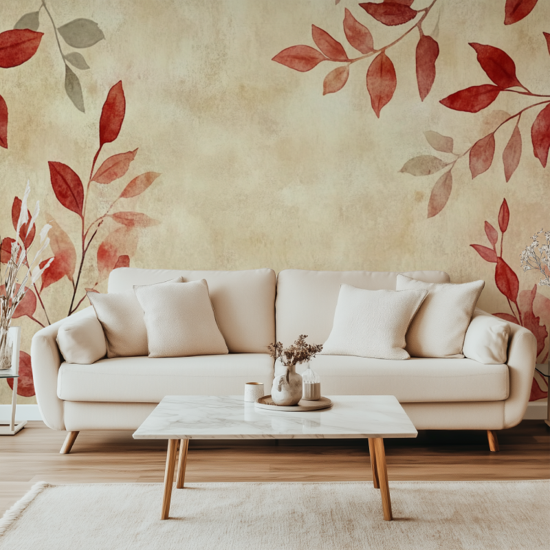 Papier peint vintage plante rouge canape simple