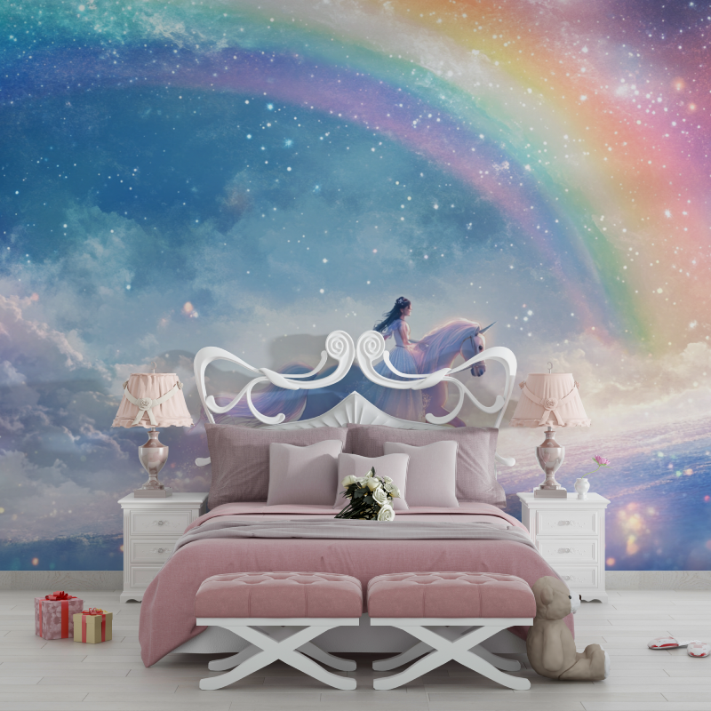 Papier peint licorne chevauchee chambre filles