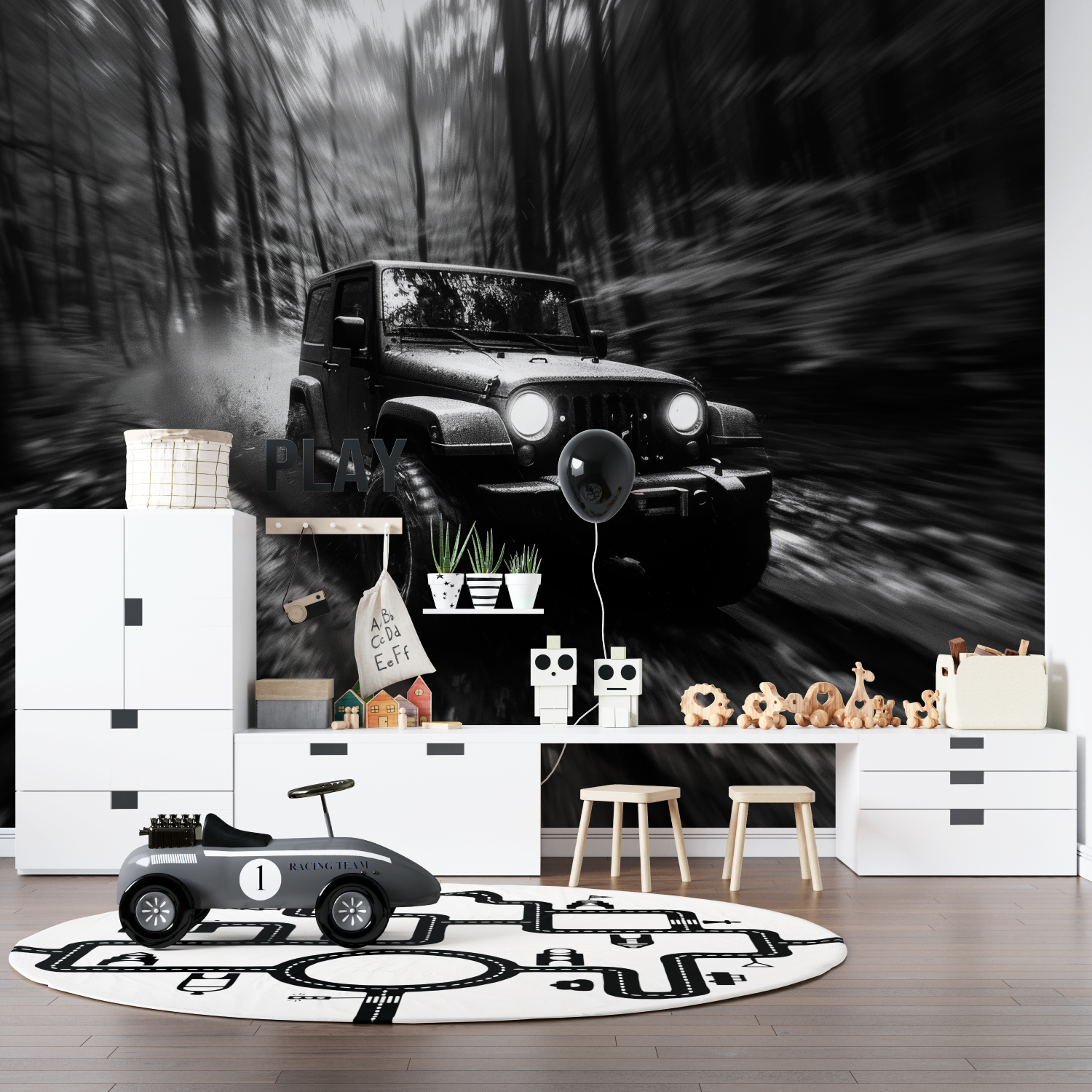 Papier peint photo voiture noir et blanc pano anime