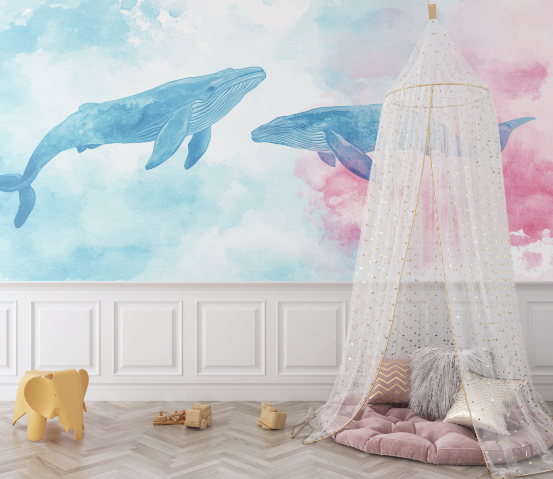 Papier peint baleine pastel bebe