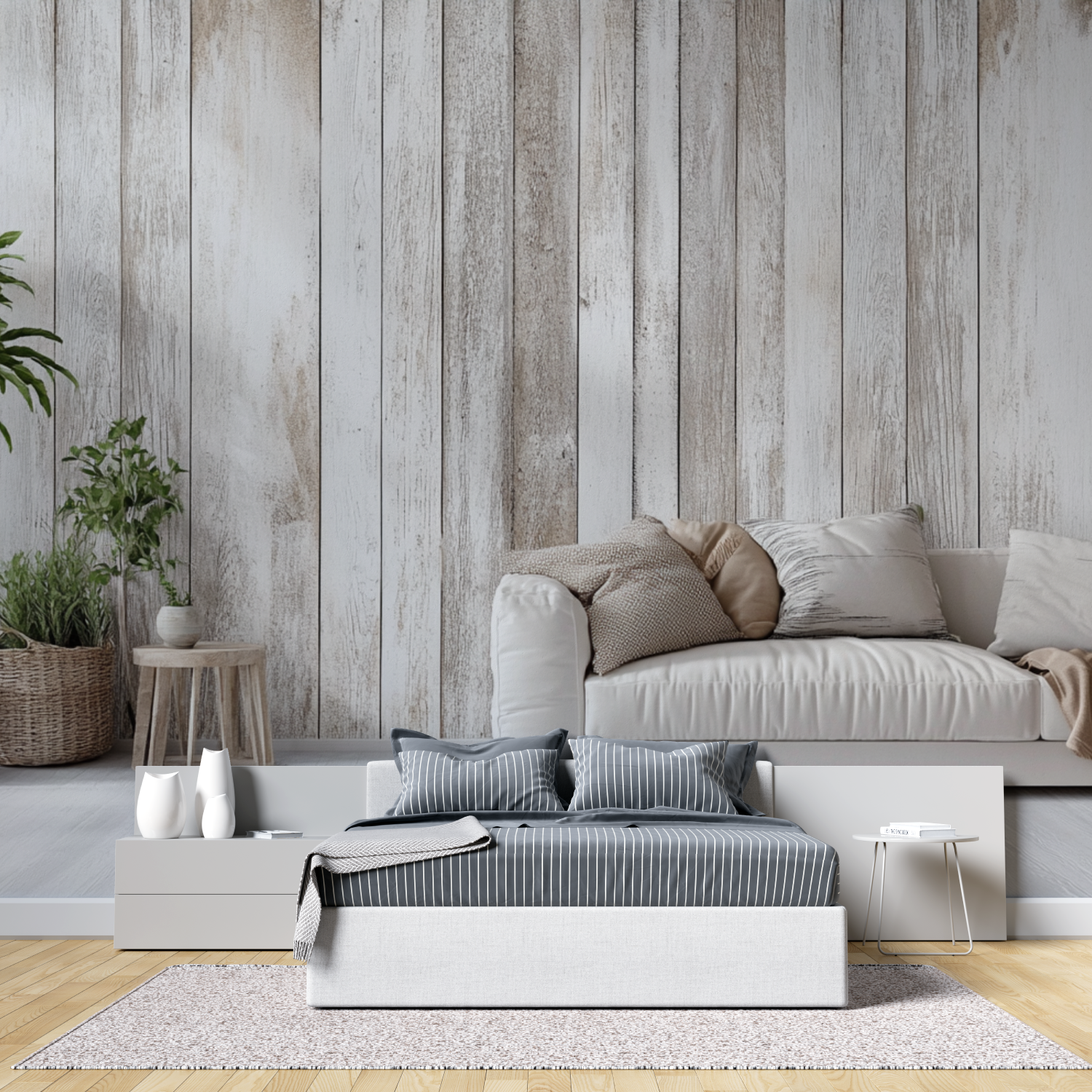 Papier peint trompe loeil bois flotte tete de lit