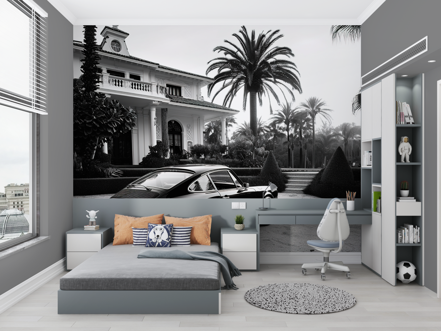 Papier peint panoramique noir et blanc voiture chambre petit