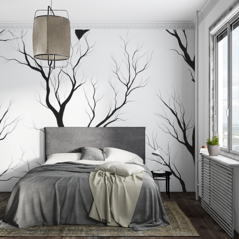Papier peint arbre noir et blanc chambre enfant piece ados