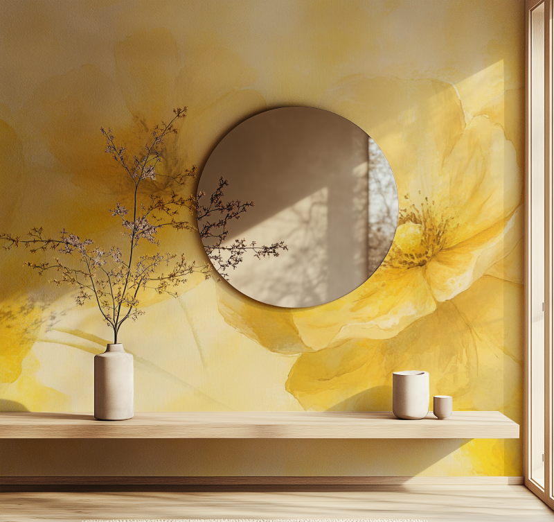 Papier peint vintage jaune fleurs miroir