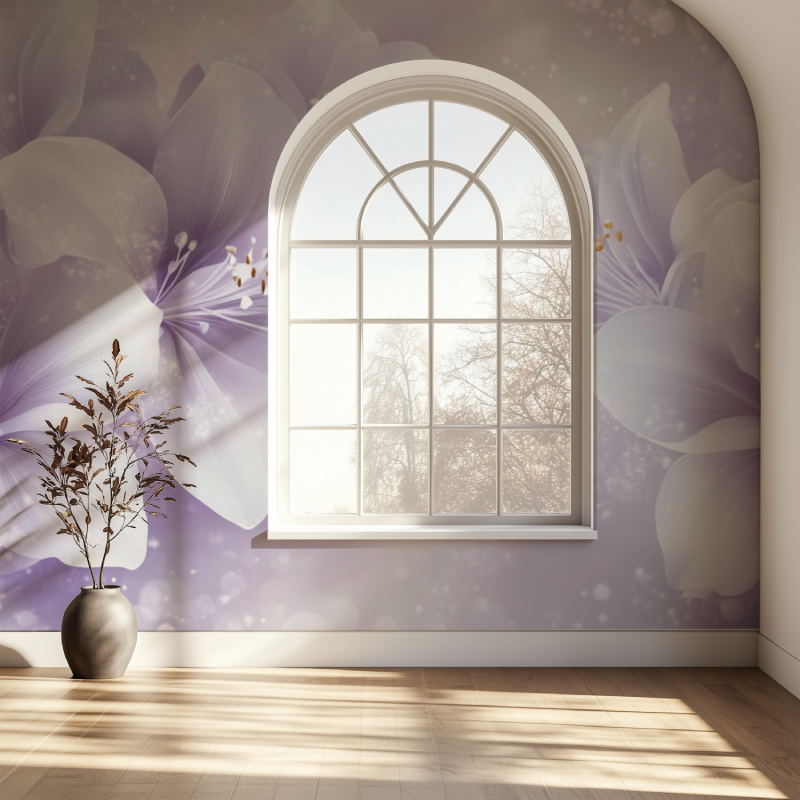 Papier peint fleur blanche sur fond lavande fenetre papier