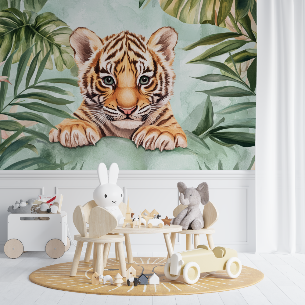 Papier peint tigre et feuillage tropical chambre de bebe