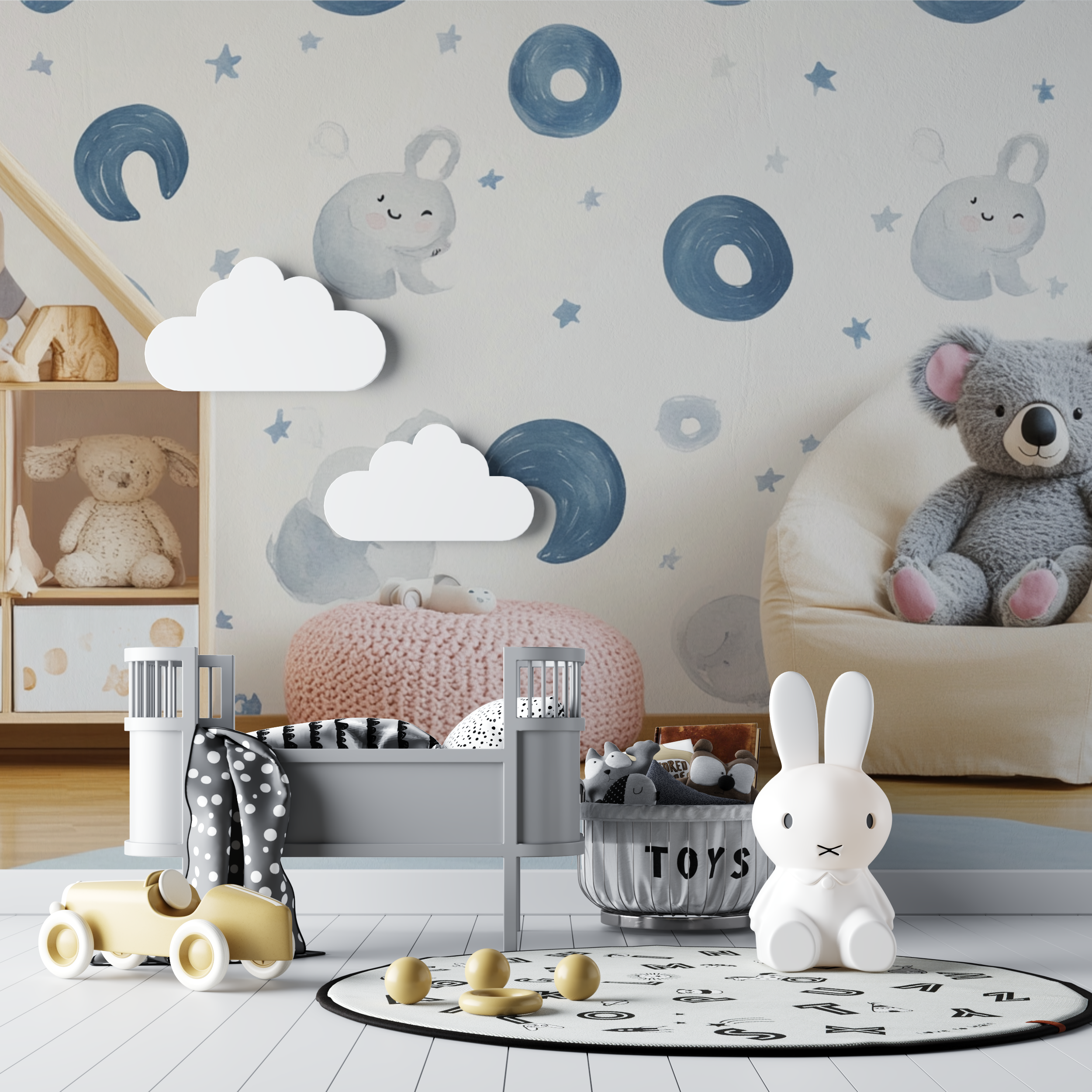 Papier peint koala pastel et arc lunaire bebe tipi