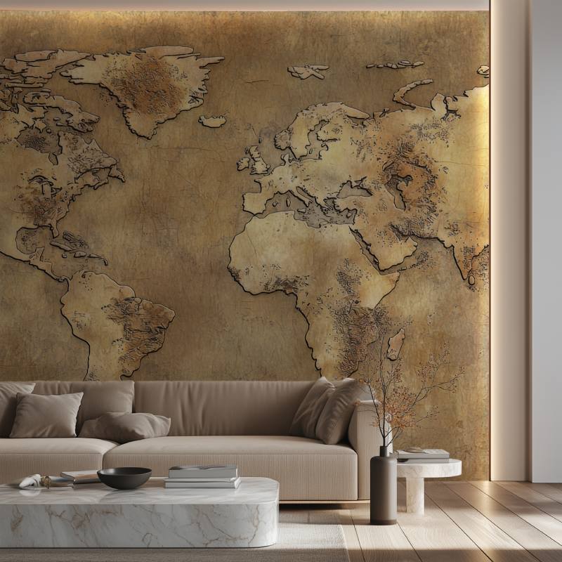 Papier peint vieilli carte du monde canape neon