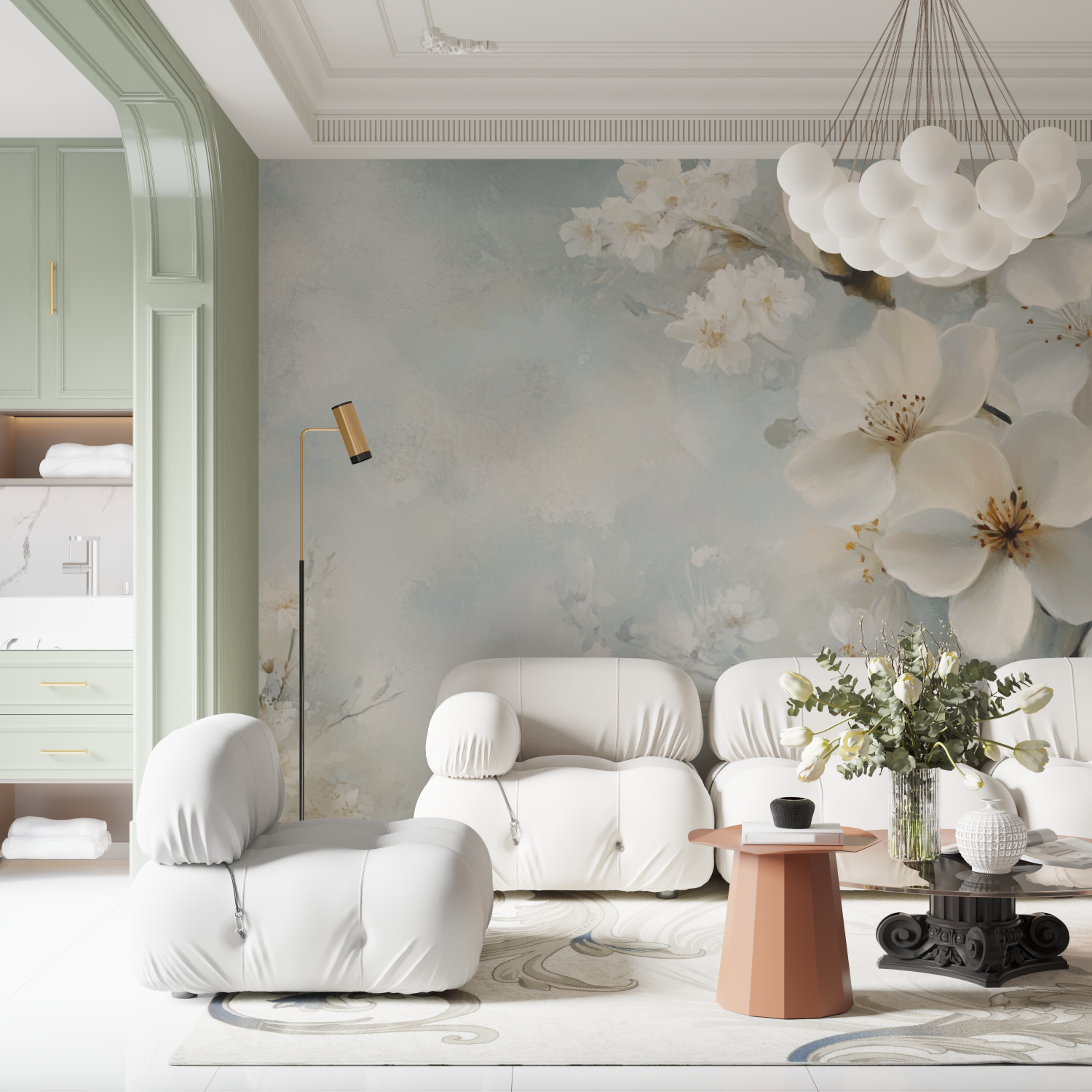 Papier peint aquarelle fleurs b...hes delicates contemporain