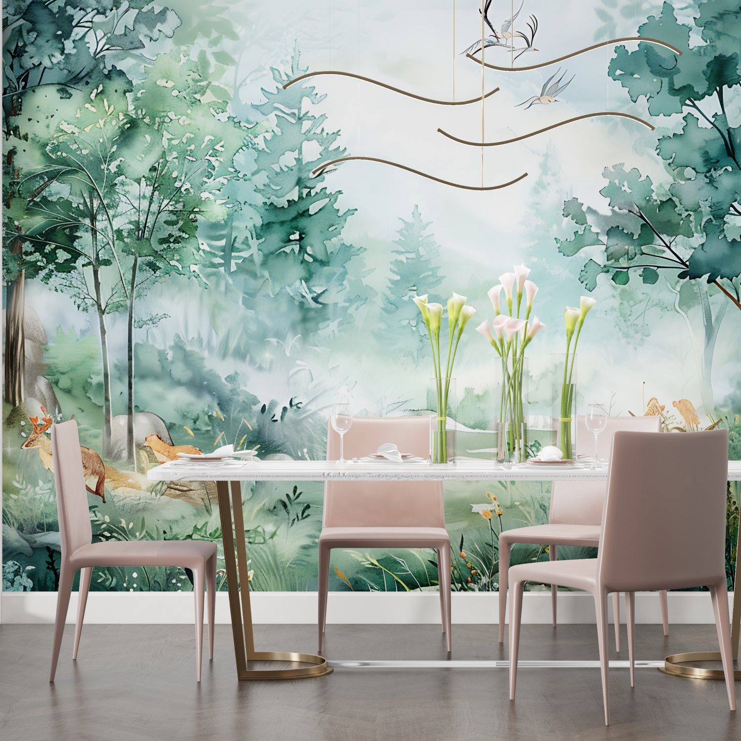 Papier peint aquarelle foret salon