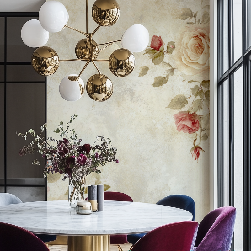 Papier peint vintage fleur salon chaise