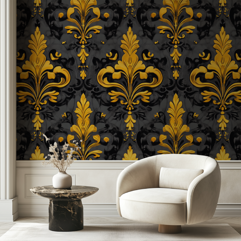 Papier peint fleur de lys noir et jaune chaise tendance
