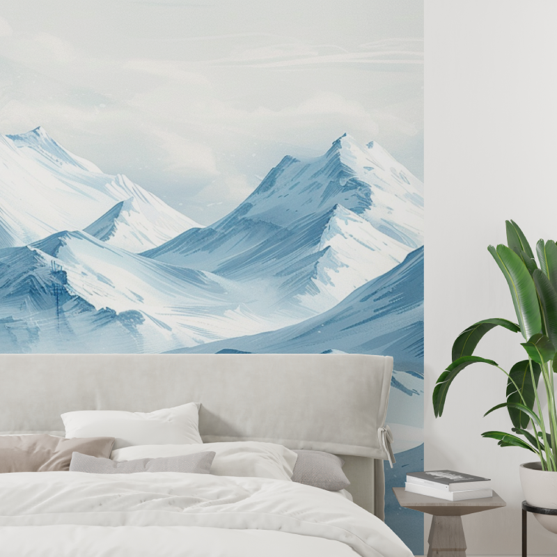 Papier peint montagne skieurs bleu tapisserie tendance