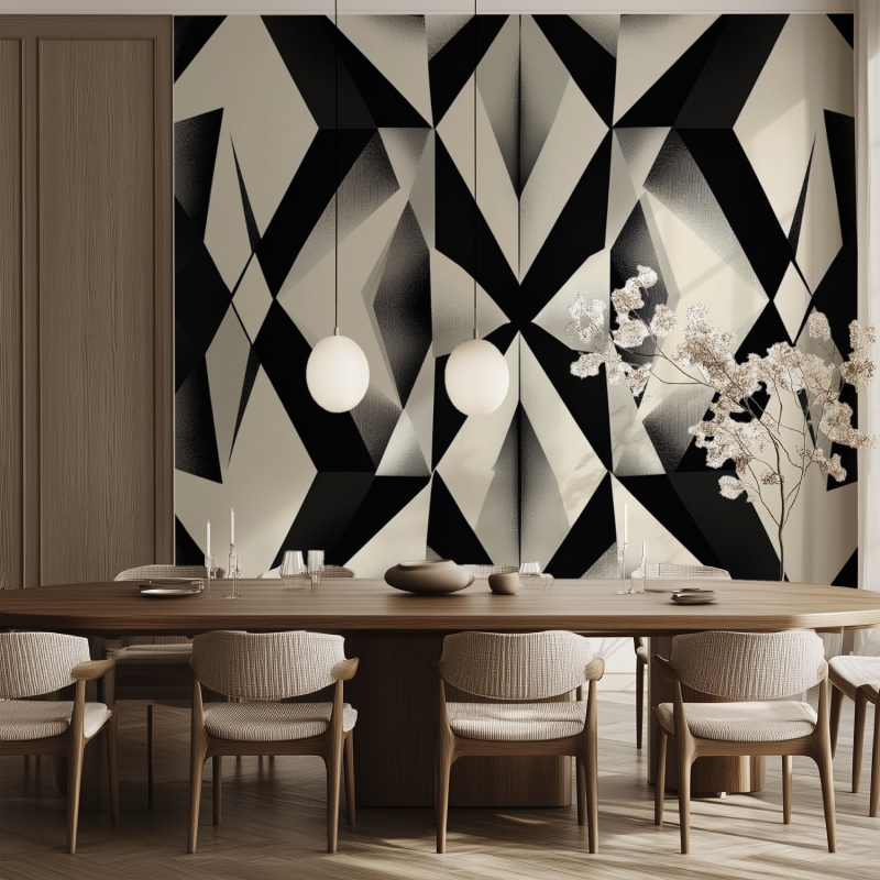 Papier peint vintage noir et gr... geo salle manger tendance
