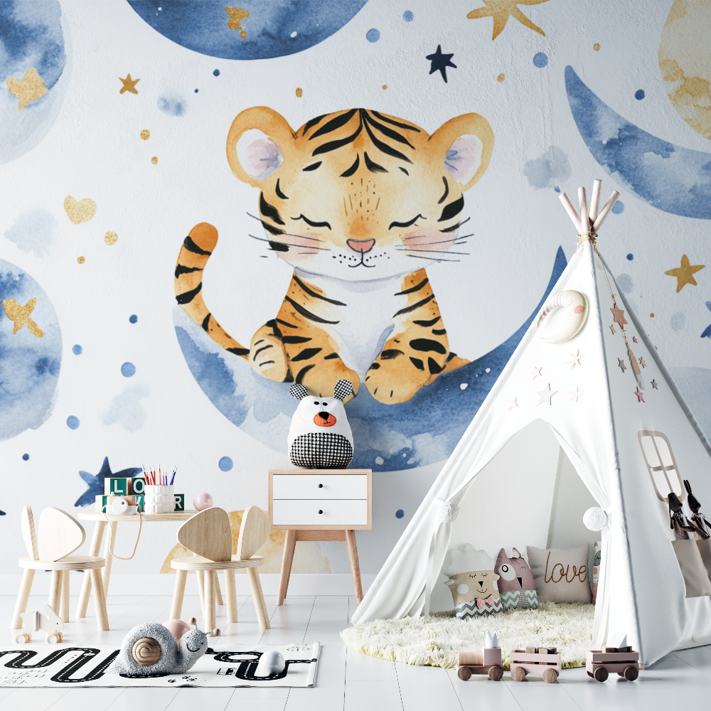 Papier peint tigre et lune chambre bebe