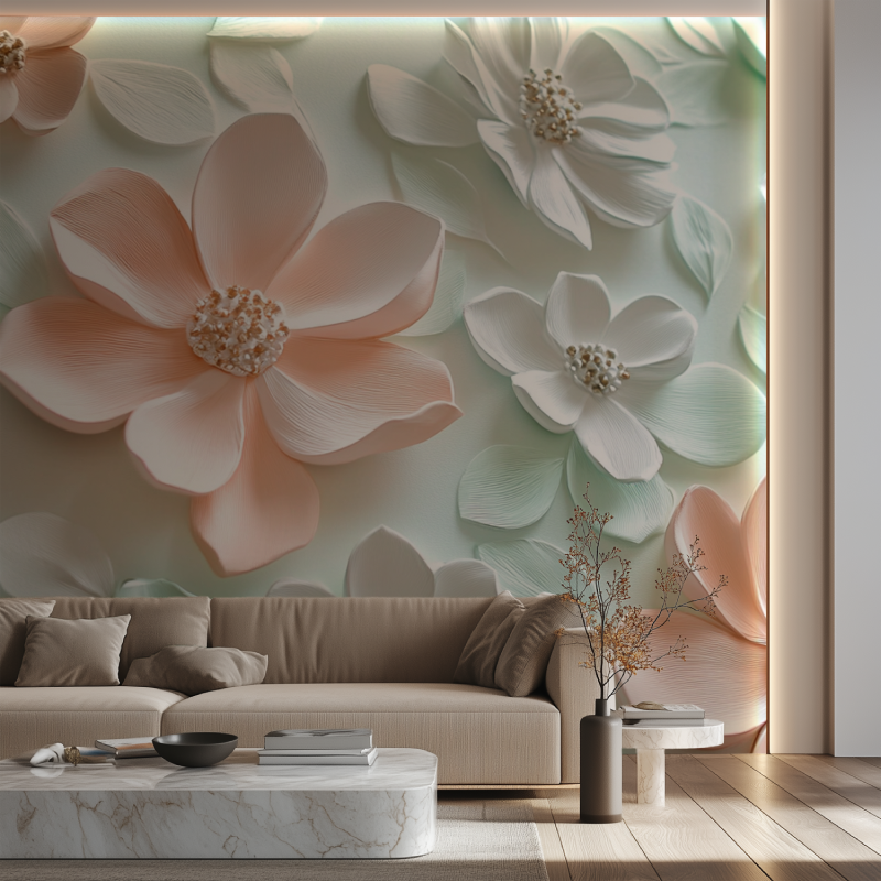 Papier peint trompe loeil fleurs canape neon
