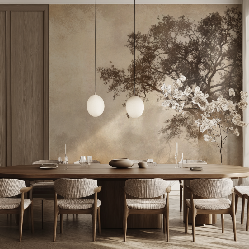 Papier peint arbre sepia salle manger tendance