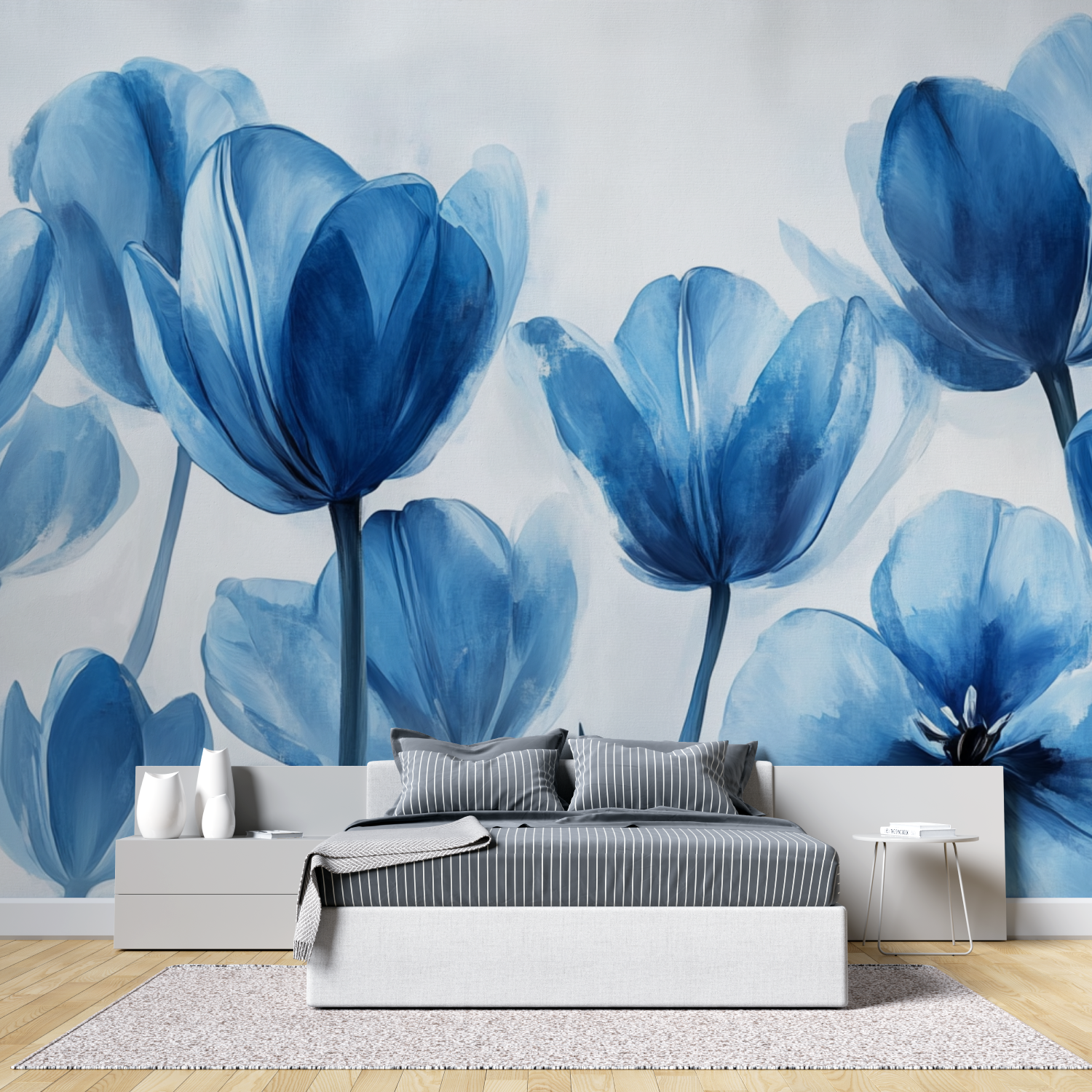 Papier peint tulipes bleues tete de lit