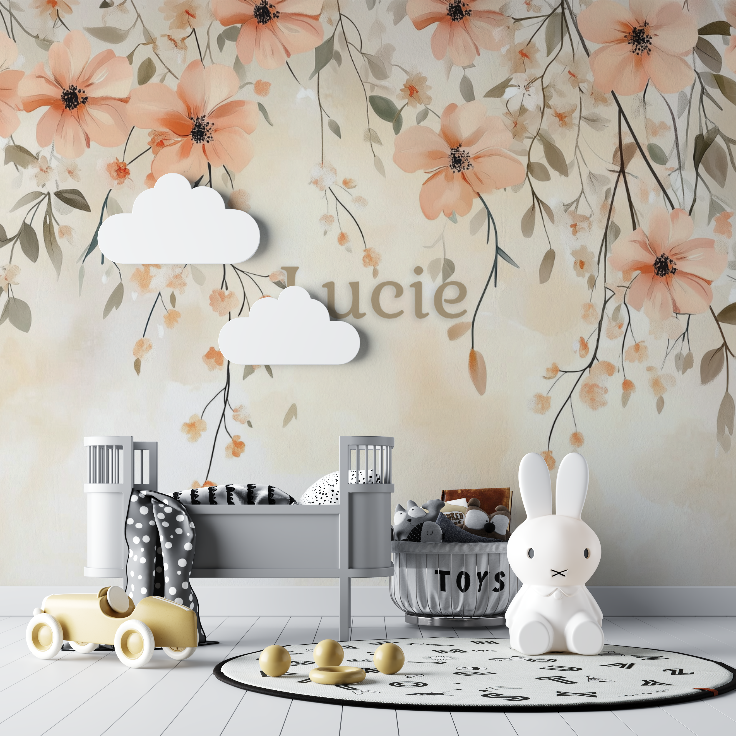 Papier peint prenom feuillages rose bebe tipi