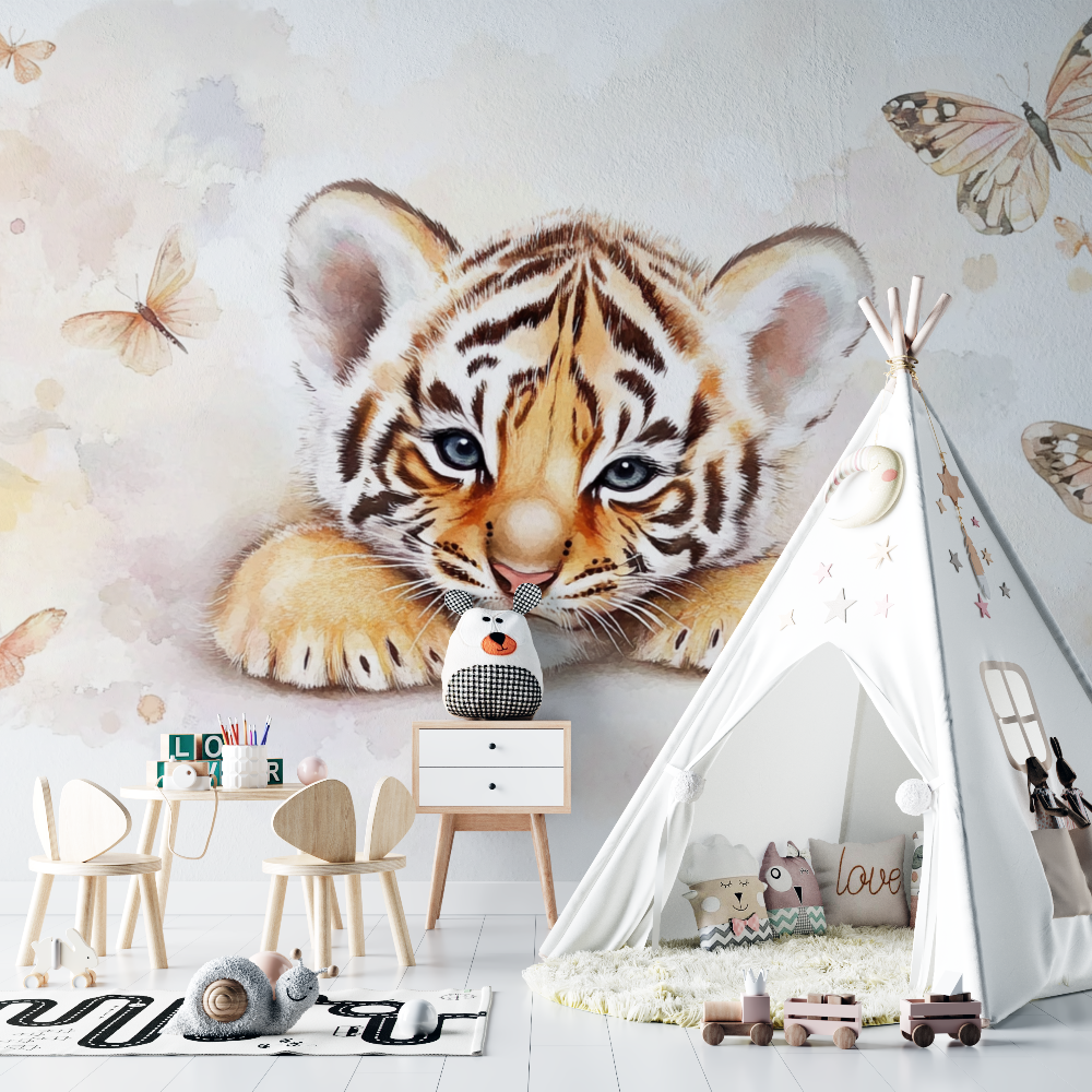 Papier peint tigre et papillons chambre bebe