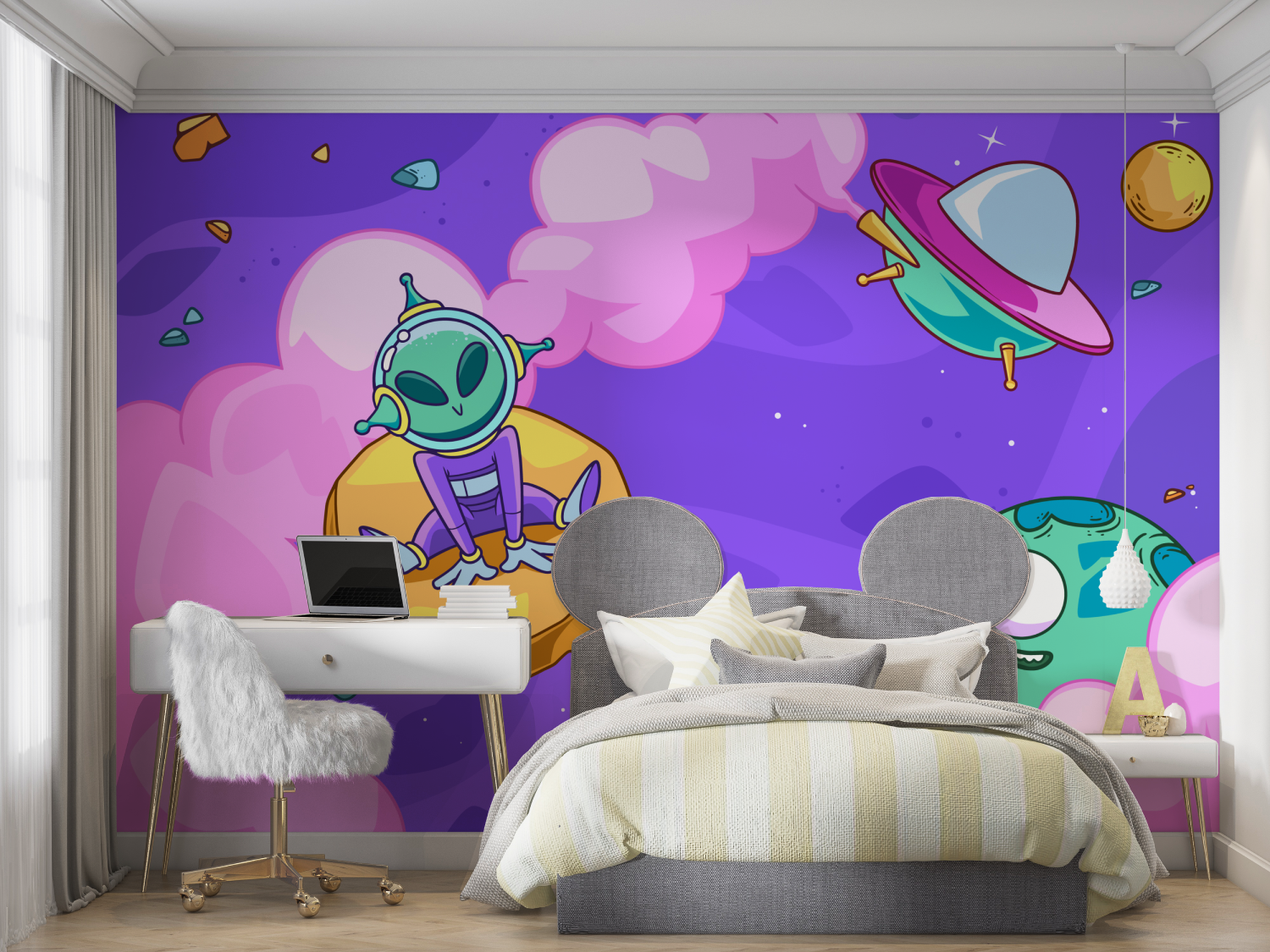 Papier peint ovnis rigolos mur chambre panoramique