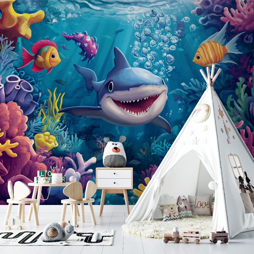 Papier peint marin poulpe rouge et requin chambre bebe