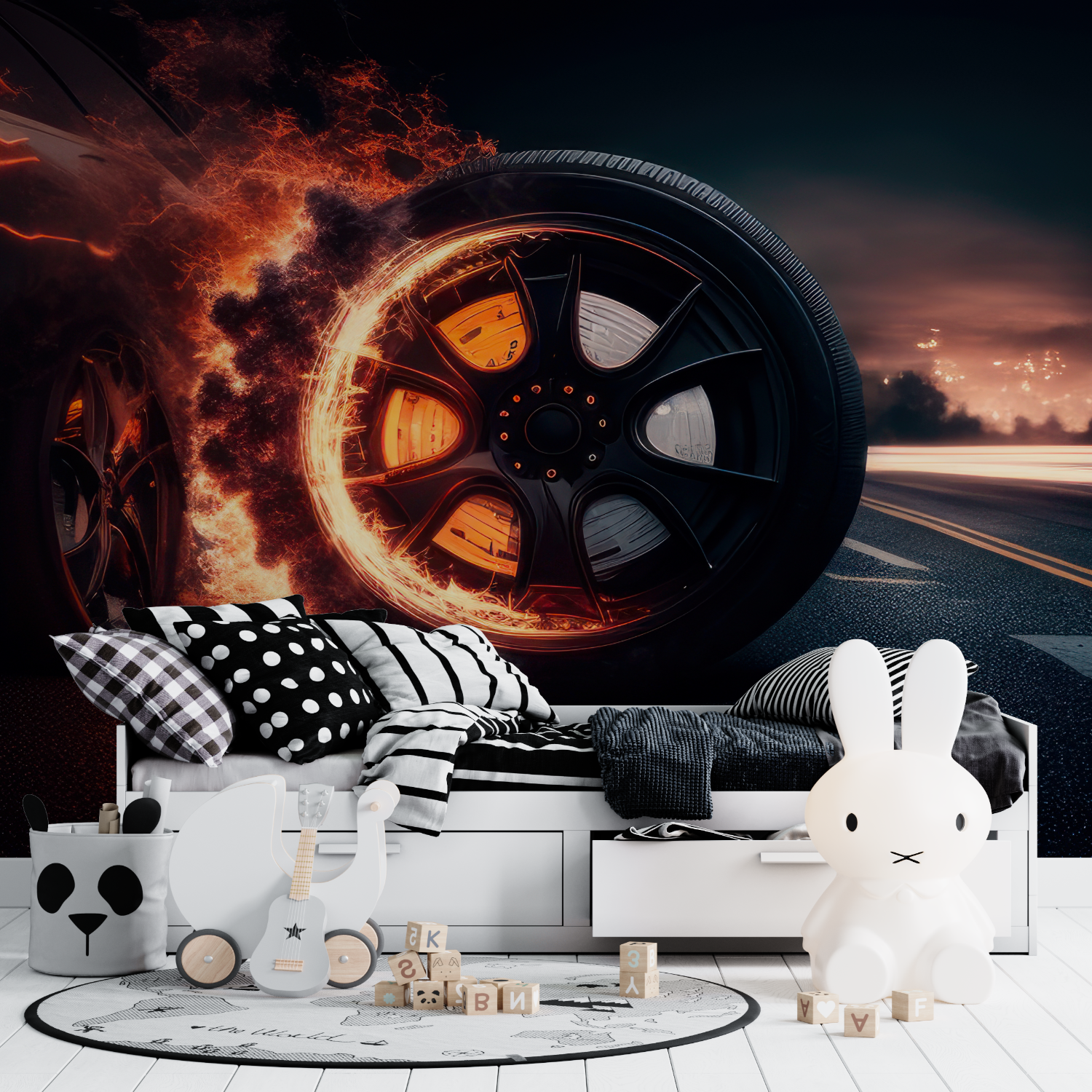 Papier peint roue de voiture en feu tapisserie ado