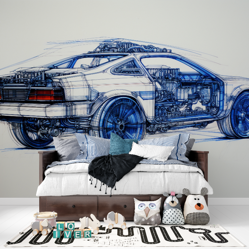 Papier peint dessin technique v...e bleu tapisserie pour ado