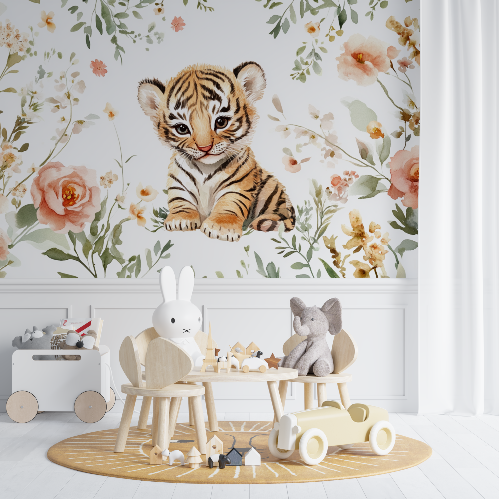 Papier peint tigre et fleurs sauvages chambre de bebe
