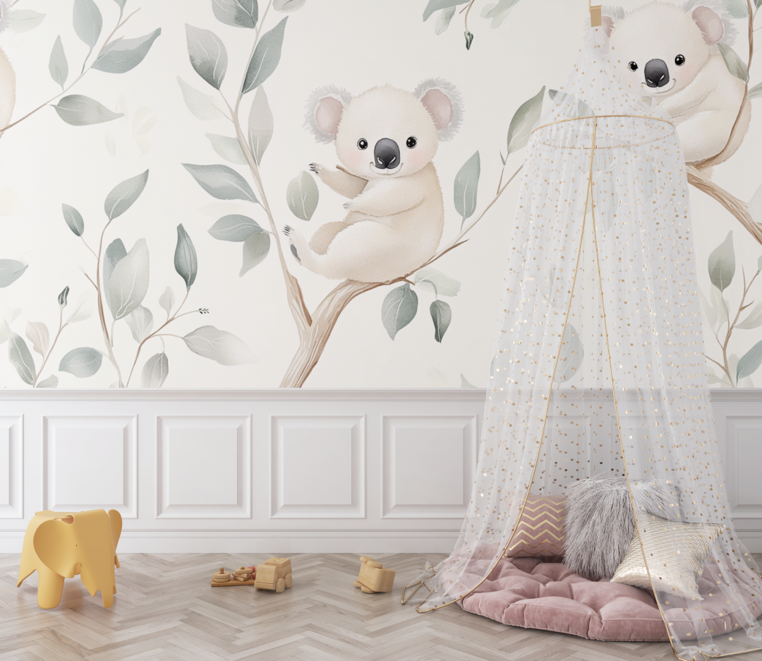 Papier peint koala sur fond creme bebe
