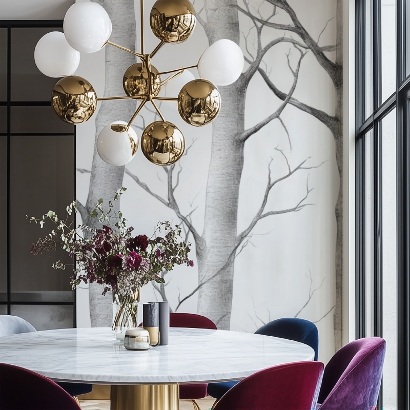 Papier peint arbre gris et blanc salon chaise