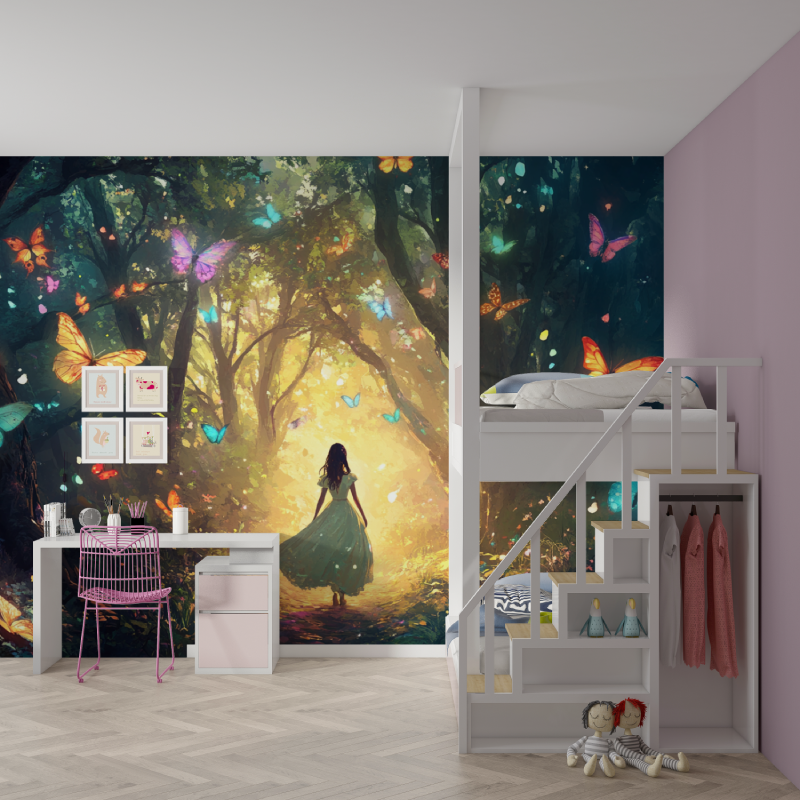 Papier peint princesse foret et papillons mur chambre fille