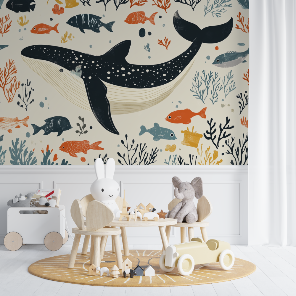 Papier peint marin poisson baleine beige chambre de bebe