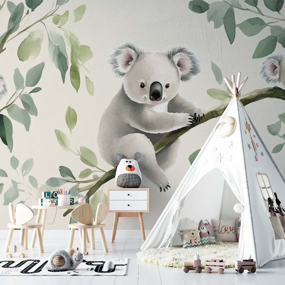 Papier peint koala sur un fond creme apaisant chambre bebe