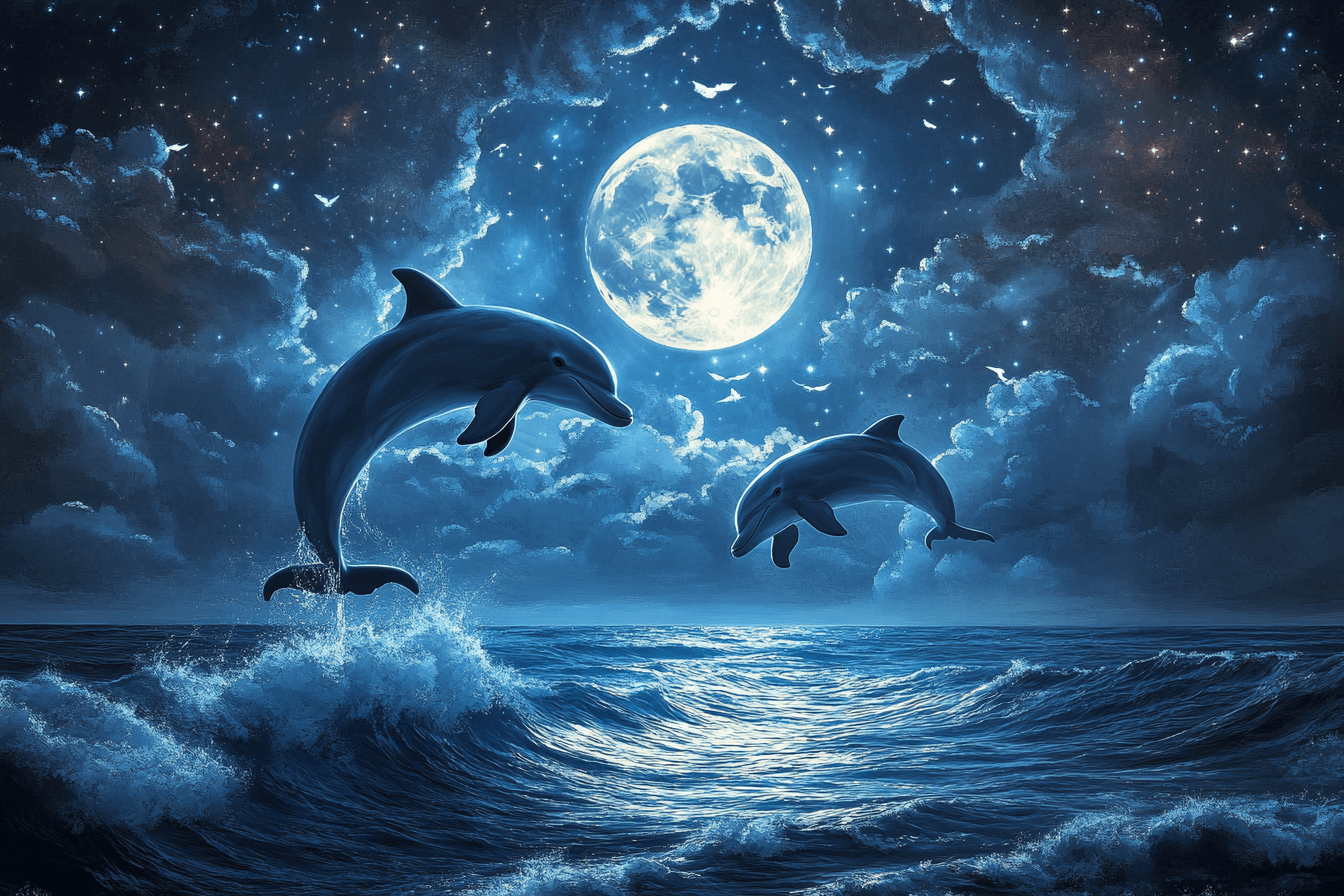 Papier Peint Marin Dauphins et Lune Brillante