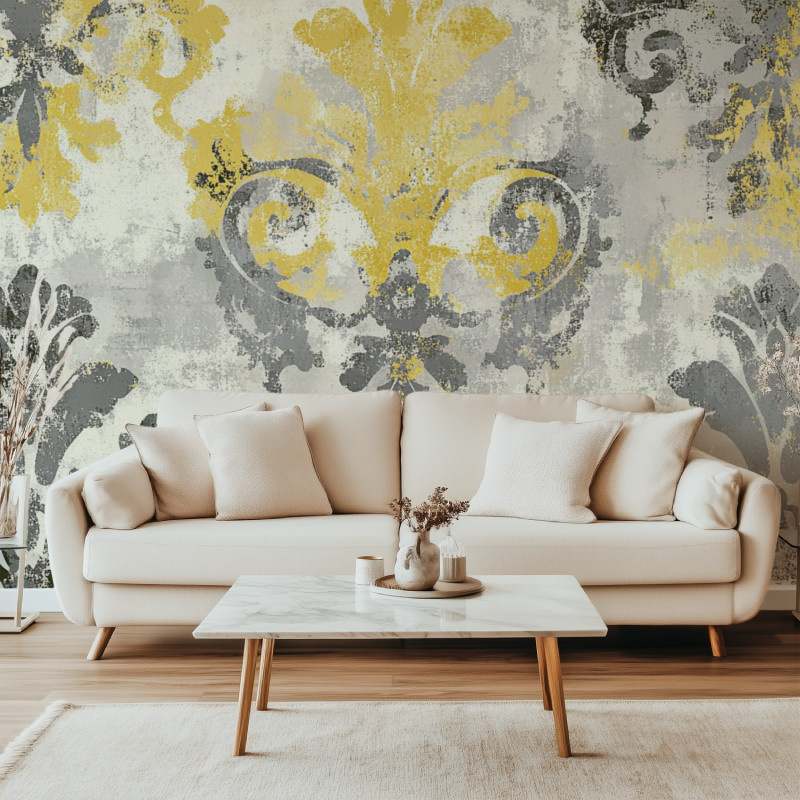 Papier peint vintage jaune et gris canape simple