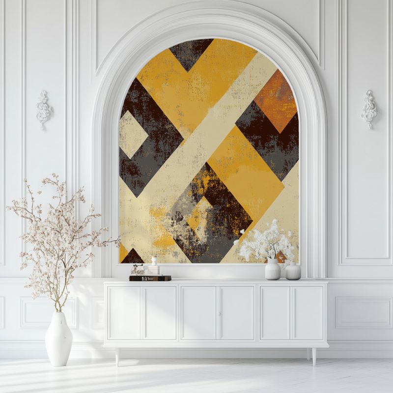 Papier peint vintage jaune geometrie salon blanc