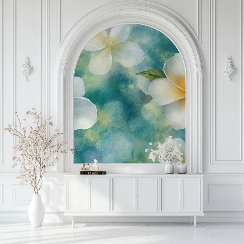 Papier peint fleur frangipanier blanc jaune salon blanc