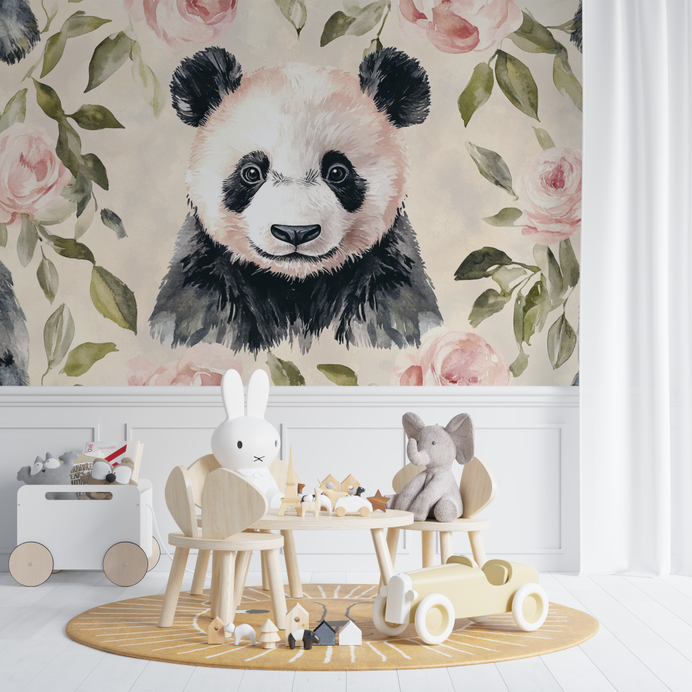 Papier peint panda et ambiance vintage chambre de bebe
