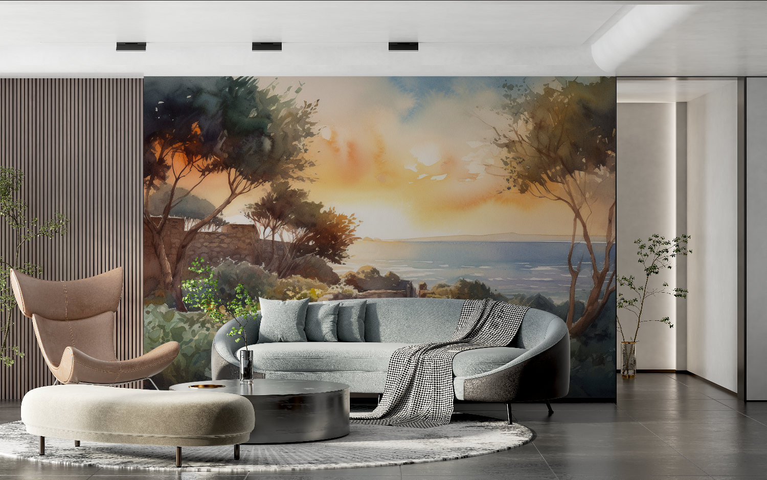 Papier peint aquarelle paysage ...he de soleil tendance 2024