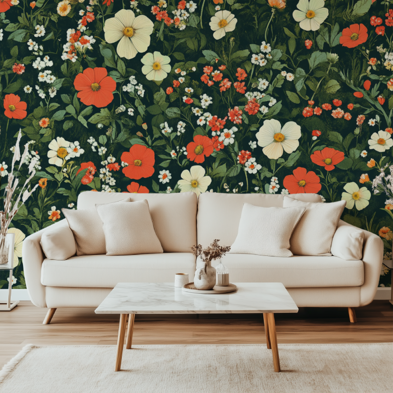 Papier peint fleur animaux vert canape simple