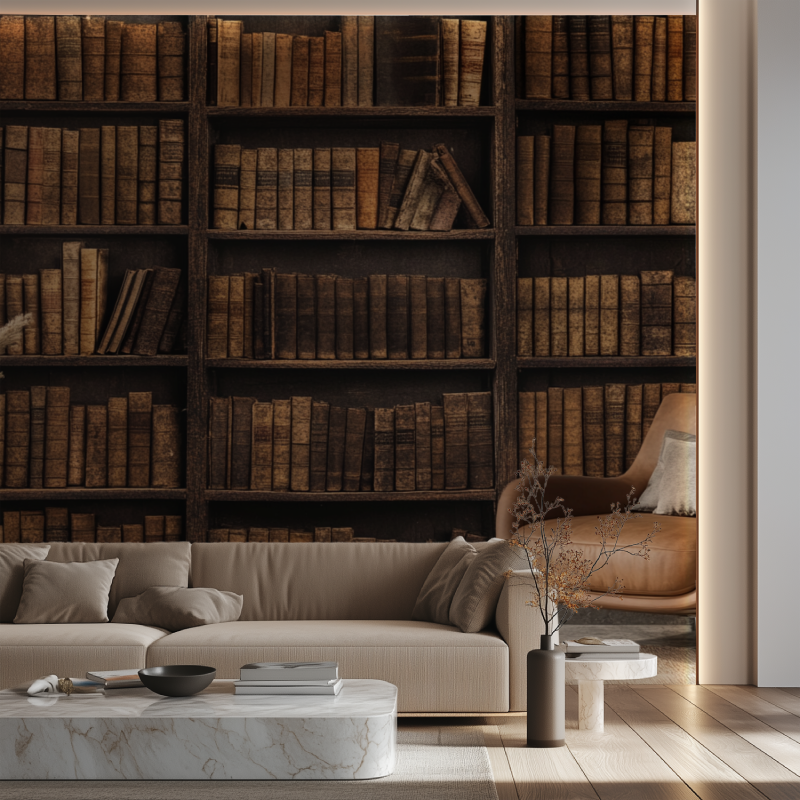 Papier peint bibliotheque en trompe loeil canape neon