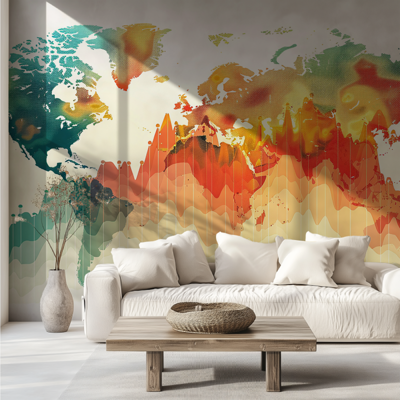 Papier peint carte du monde design aquarelle canape tendance