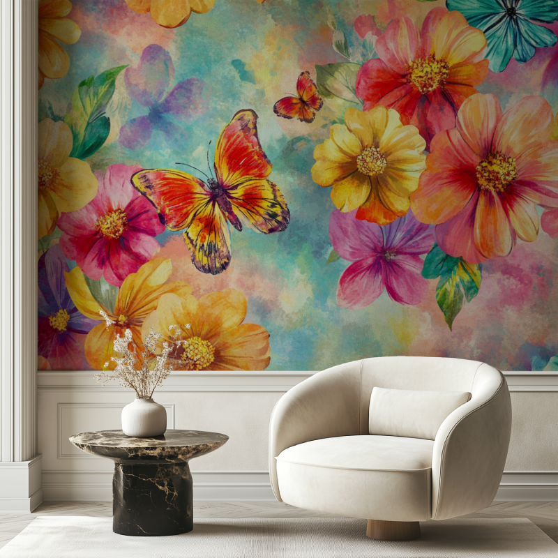 Papier peint fleur et oiseau tropical chaise tendance