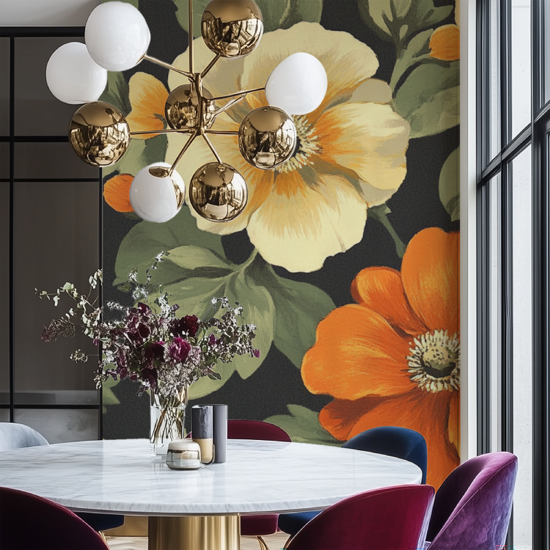 Papier peint fleur 1970 salon chaise