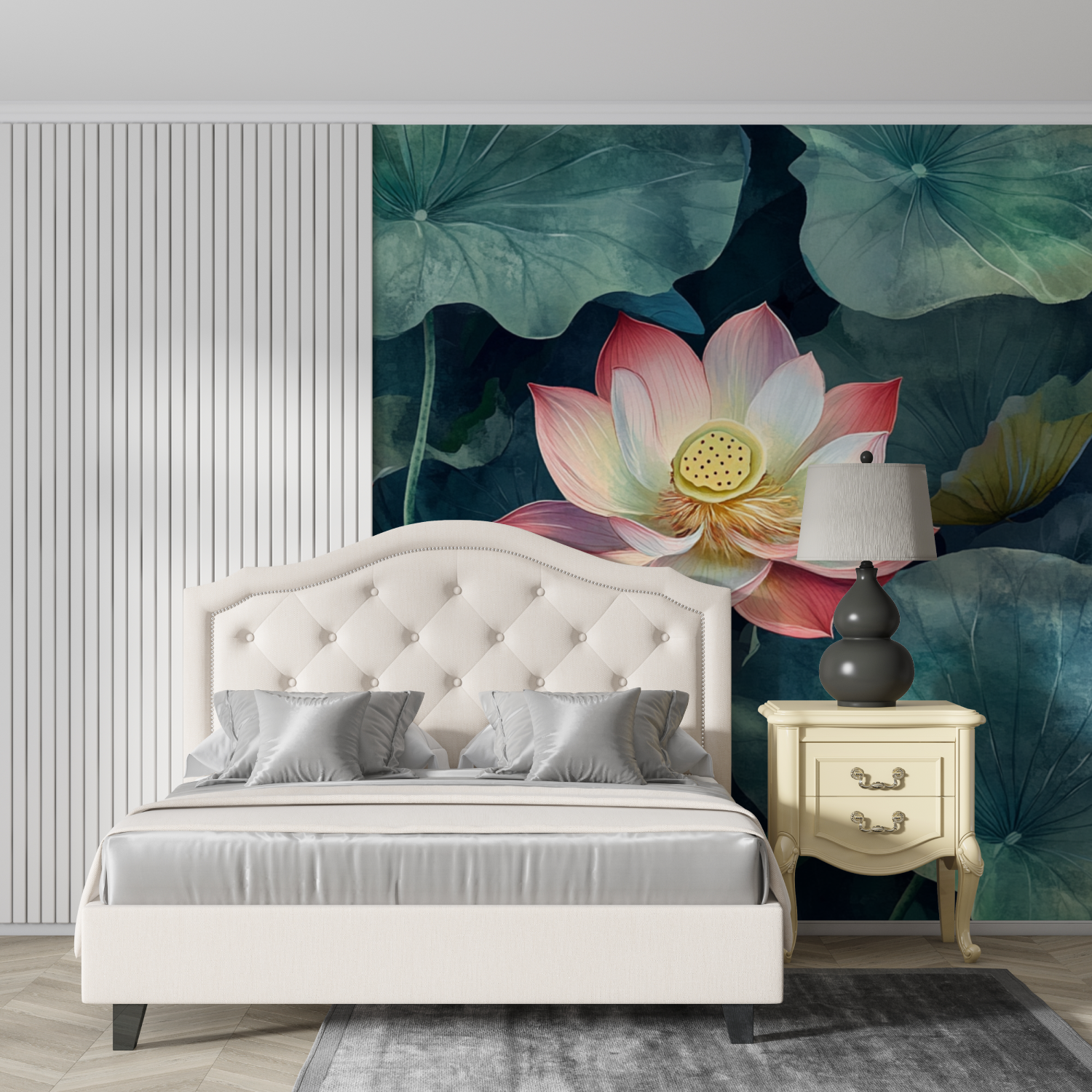 Papier peint aquarelle lotus et feuilles vertes design