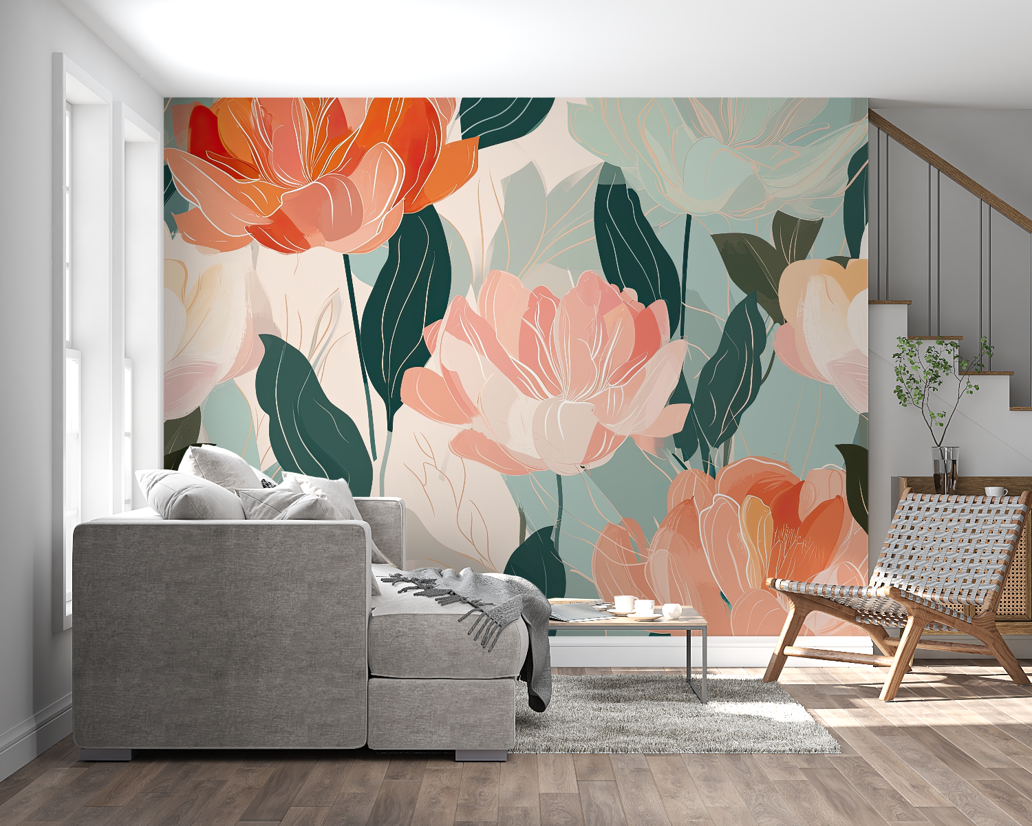 Papier peint aquarelle design floral panoramique mural