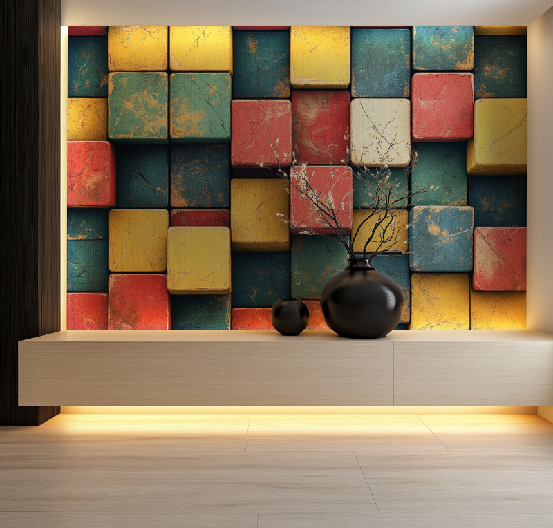 Papier peint vintage rubiks cube salon neon